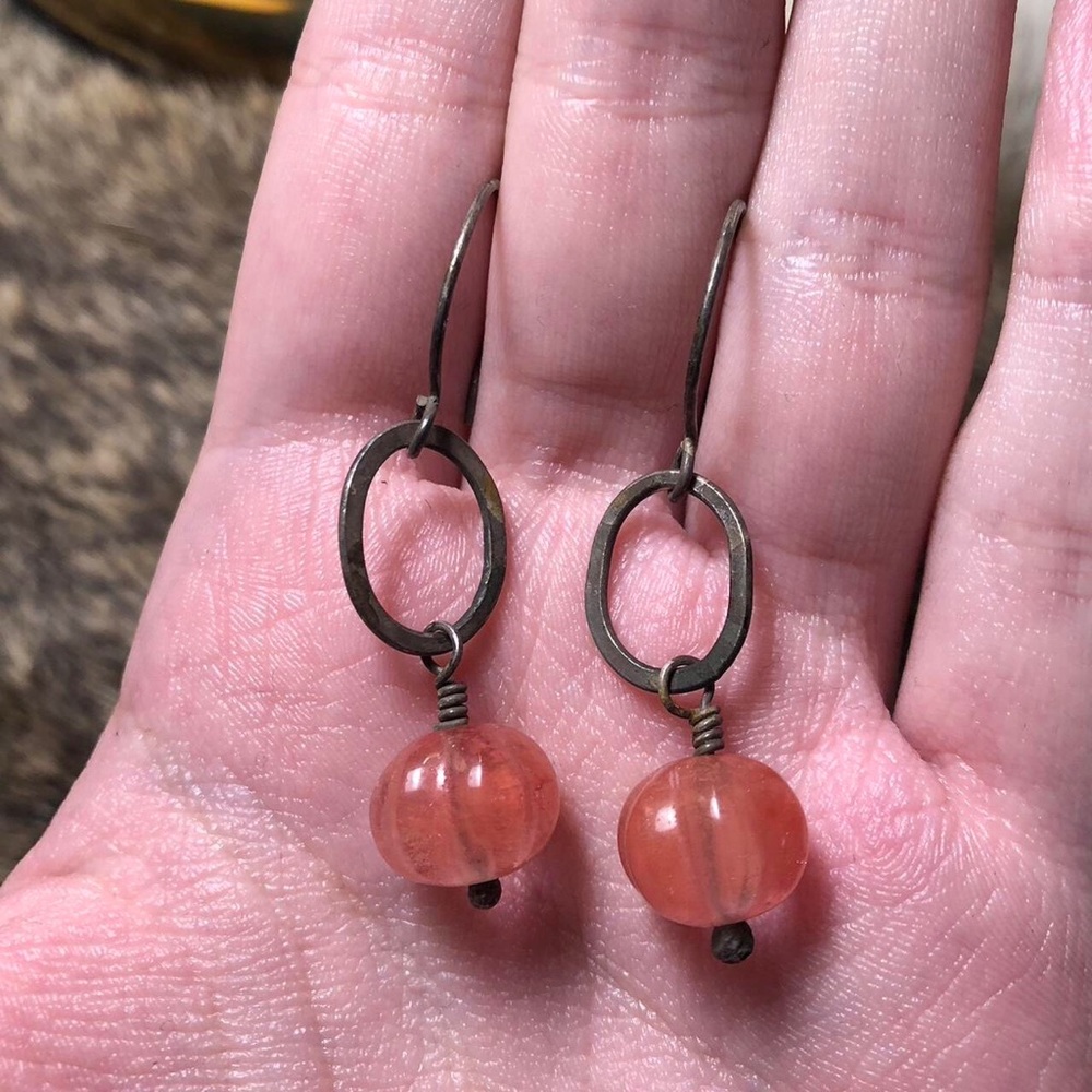 Sterling silver oxidized dangling pink quartz pumpkin earrings